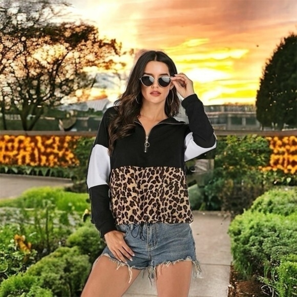 ZARA Womens Hoodie S Black White Leopard Print Colorblock Long Sleeve Sweater